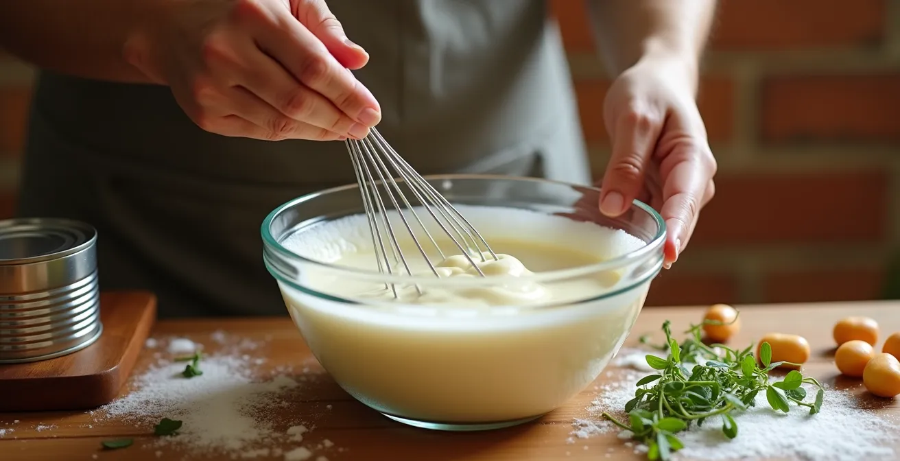 Acquafaba di ceci schiumosa in preparazione per maionese vegana