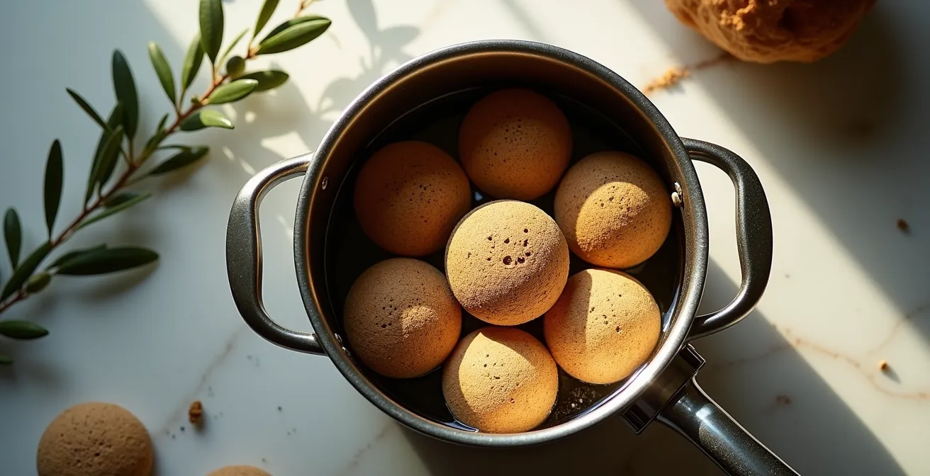 Vista dall'alto di pentola con acqua calda coperta da tappi di sughero galleggianti e roner laterale