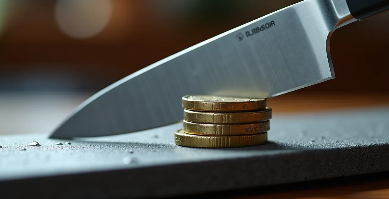 Dimostrazione del metodo delle monete per trovare l'angolo di affilatura su una pietra ad acqua