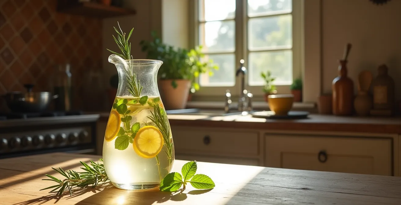 Caraffa di vetro con acqua infusa di erbe mediterranee su tavolo italiano