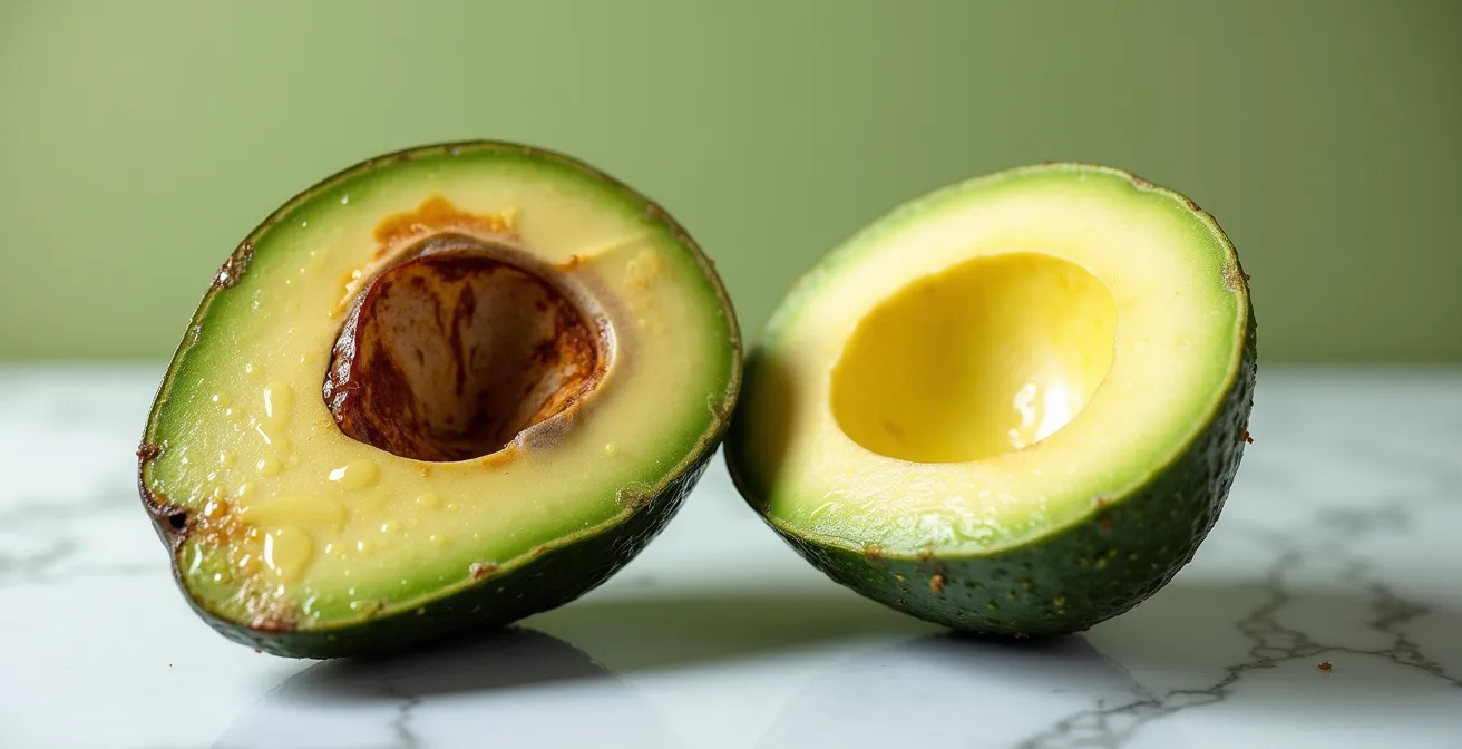 Confronto visivo di metà avocado: una ossidata color marrone, l'altra verde brillante trattata con olio d'oliva