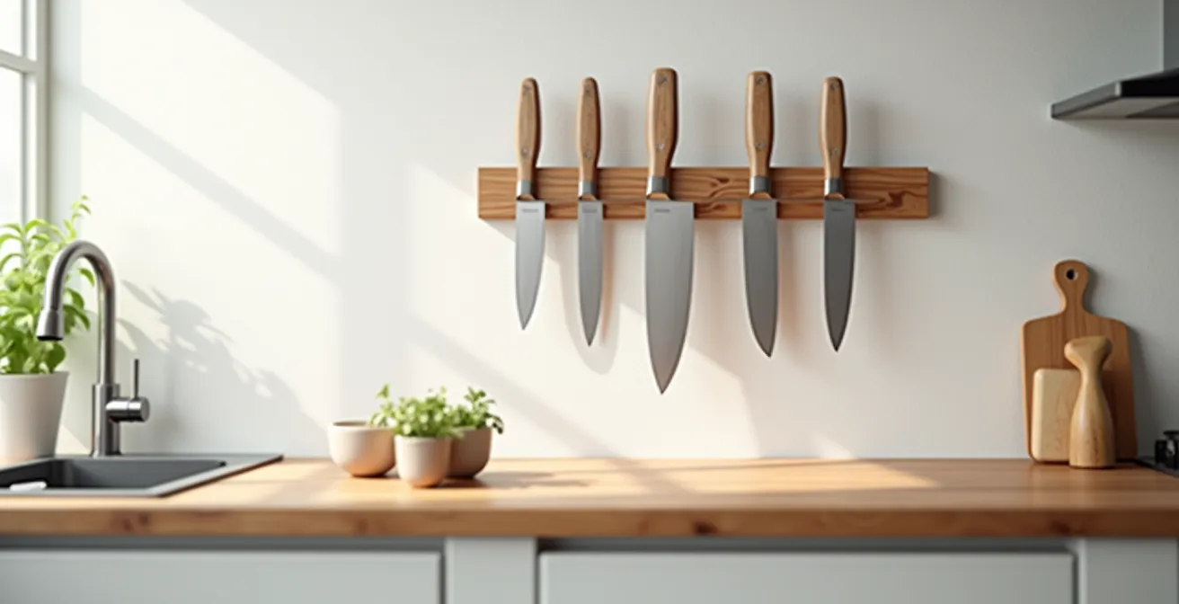 Una barra magnetica in legno montata a parete in una cucina moderna, con diversi coltelli giapponesi e tedeschi appesi in modo ordinato e sicuro.