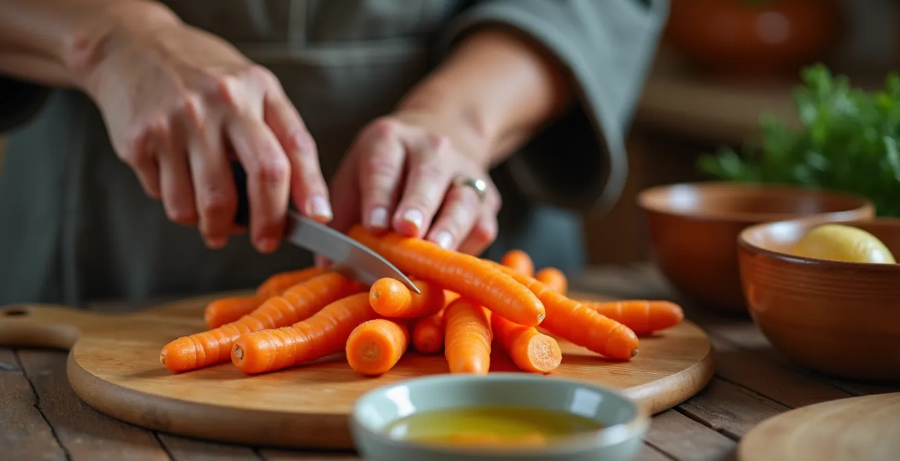 Carote italiane tagliate a bastoncino con olio d'oliva in ciotola di ceramica