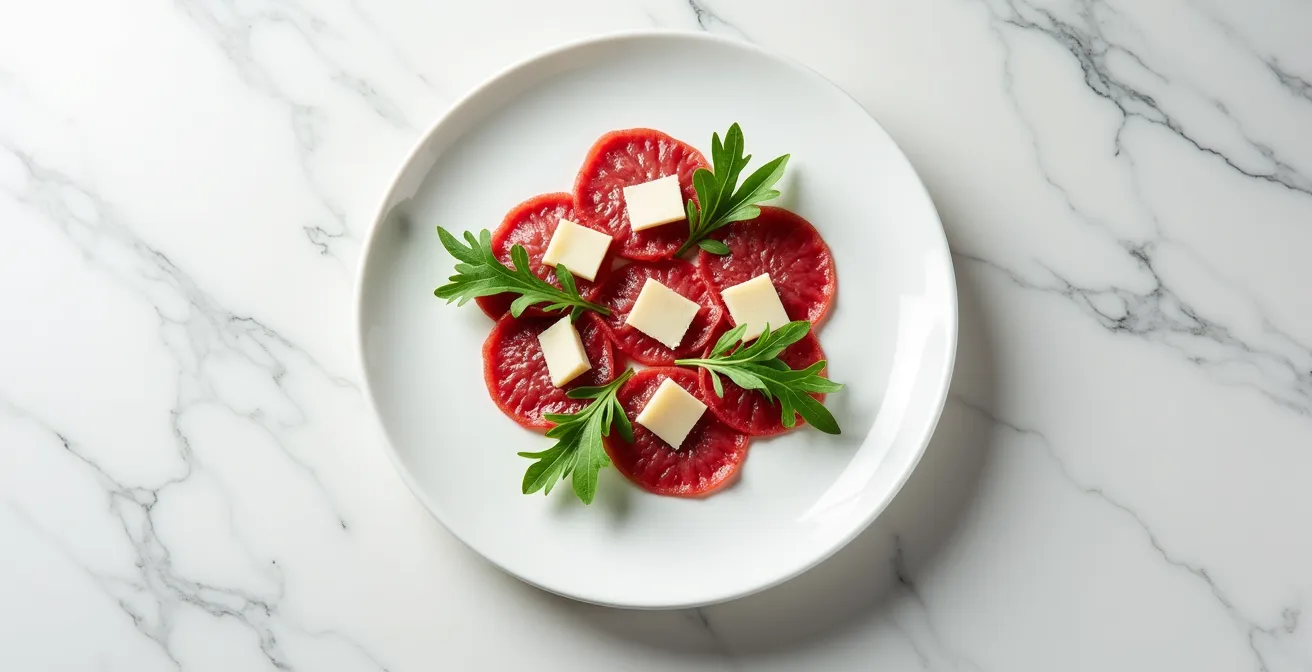 Carpaccio di manzo a temperatura ideale di servizio su piatto elegante