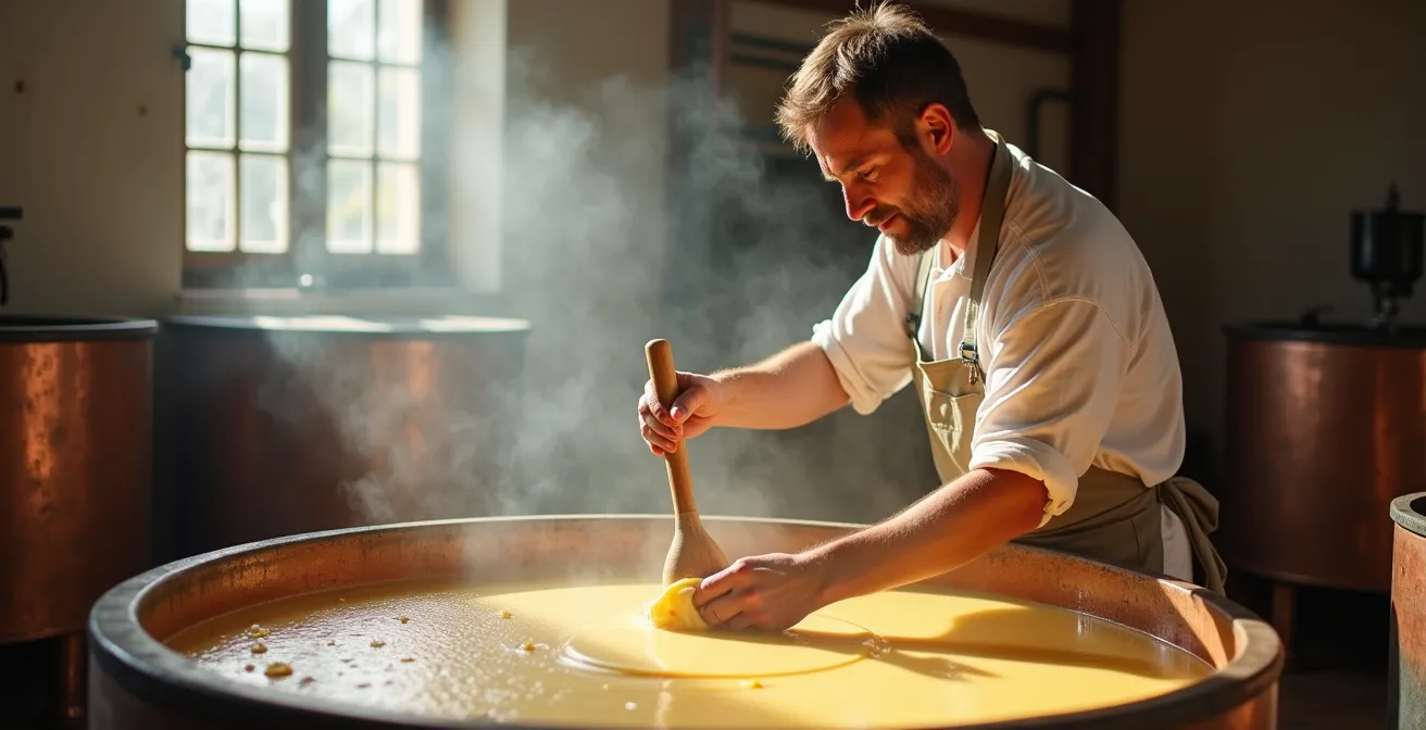 Casaro al lavoro con la tradizionale caldaia di rame nel caseificio durante la produzione mattutina