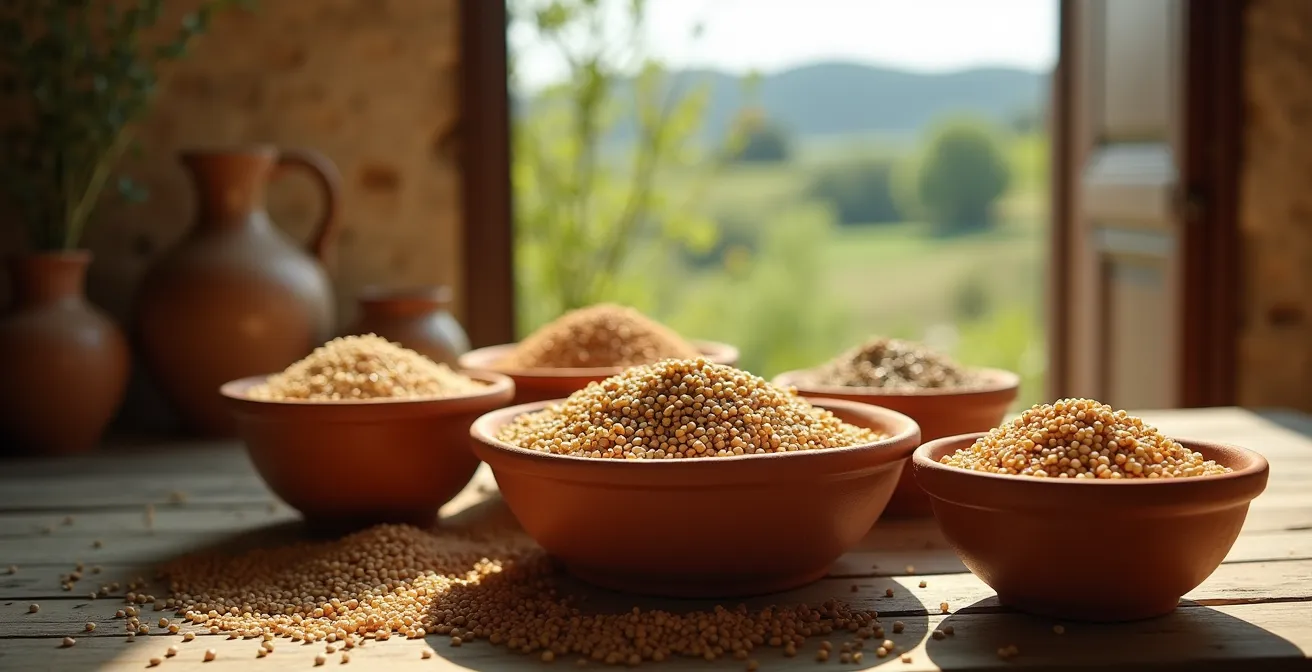 Varietà di cereali antichi italiani in ciotole di terracotta tradizionale