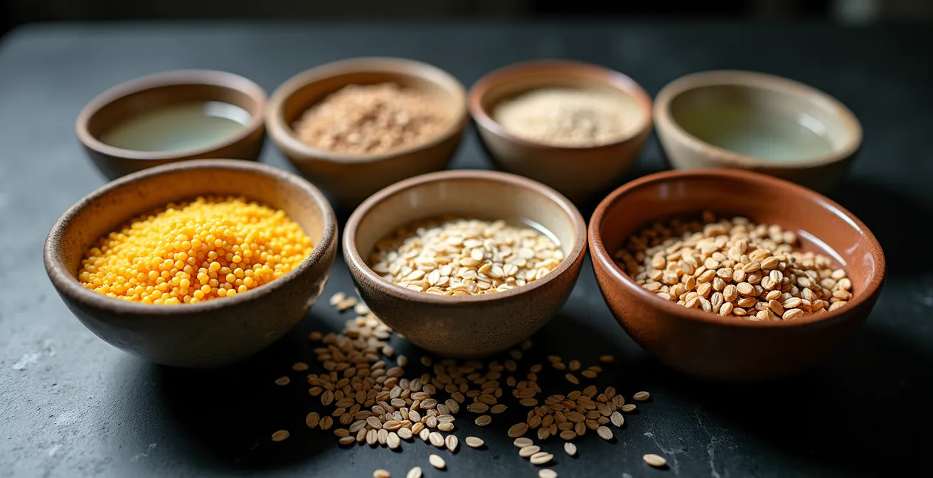 Ciotole di cereali integrali in ammollo con acqua cristallina