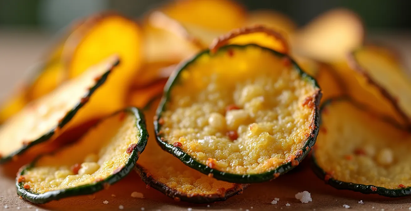 Dettaglio macro di chips di zucchine dorate e croccanti con texture visibile