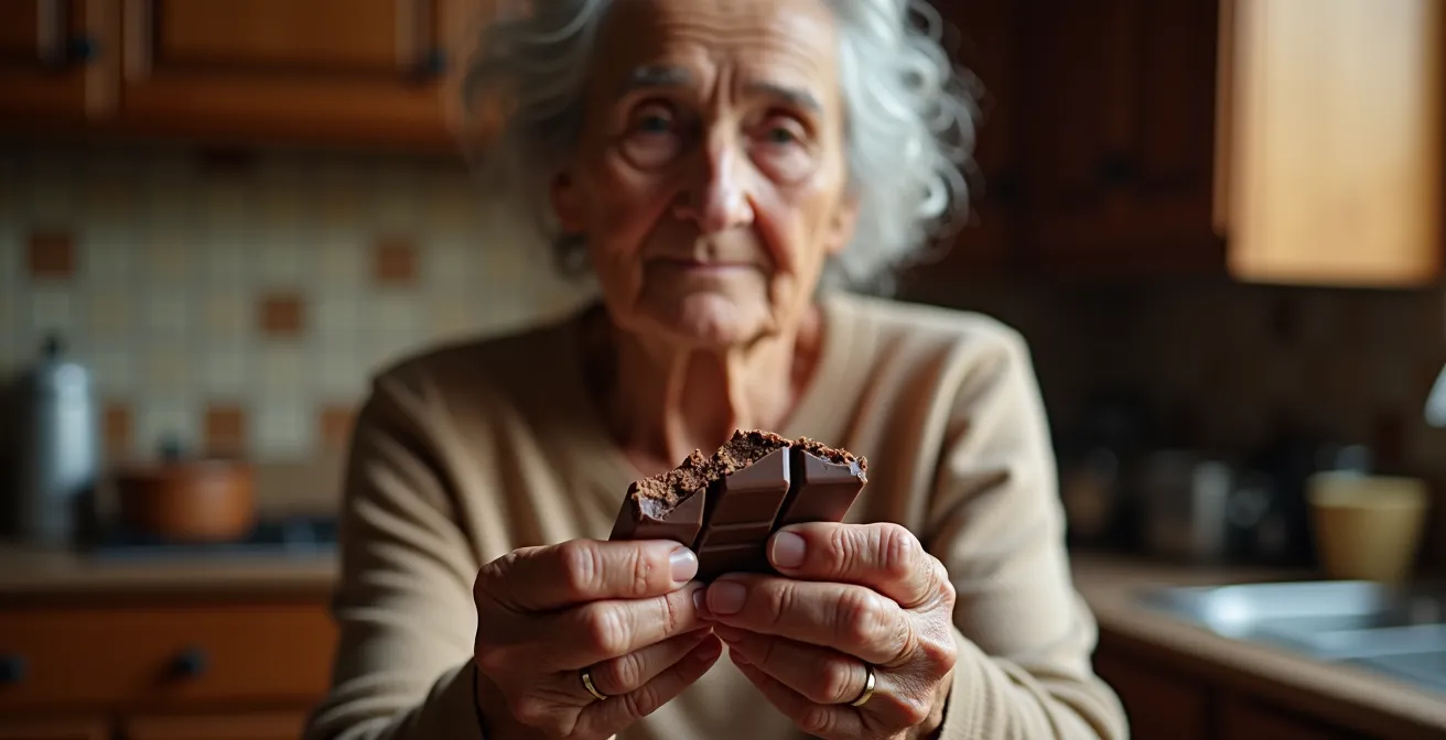 Superficie di cioccolato con patina bianca causata da conservazione errata