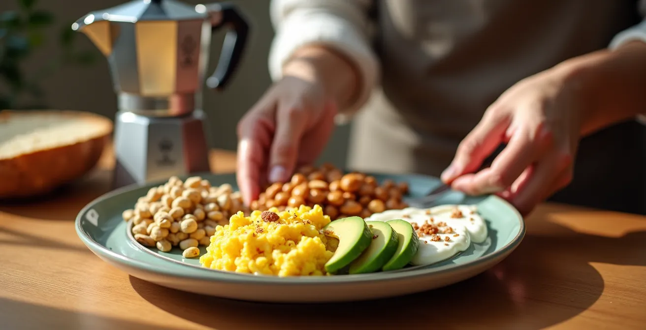Tavola colazione italiana con uova, avocado, yogurt greco e frutta secca su piano di legno naturale