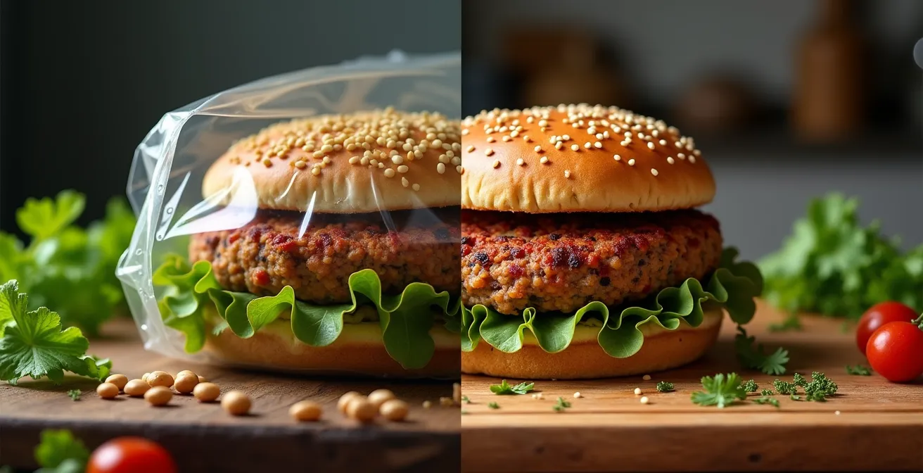 Confronto visivo tra burger vegetale industriale confezionato e burger di fagioli fatto in casa su tagliere di legno