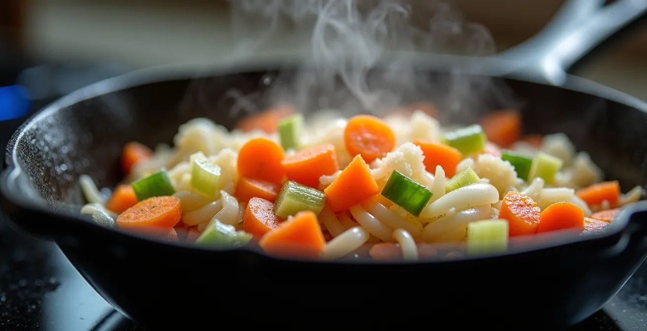 Dettaglio macro di soffritto in padella di ghisa su piano induzione
