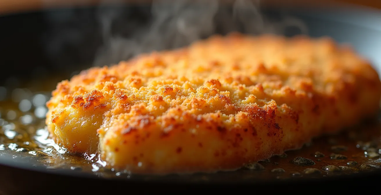 Cotolette dorate fritte in padella con olio d'oliva in cucina italiana tradizionale