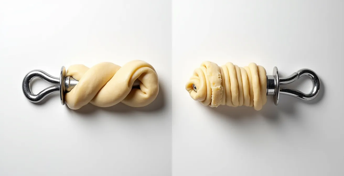 Confronto visivo tra gancio a spirale e uncino classico con impasto ad alta idratazione