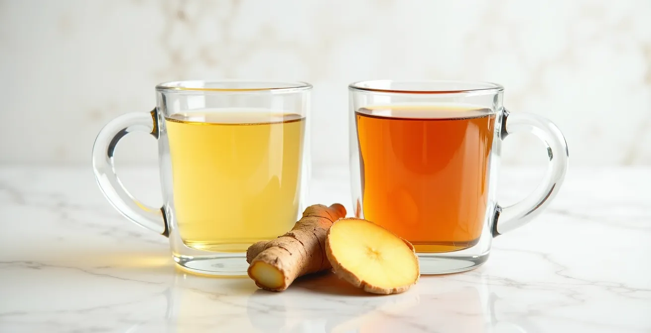 Confronto visivo tra un infuso pallido e un decotto dal colore carico di zenzero, a dimostrazione della diversa estrazione dei principi attivi.