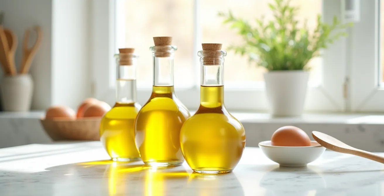 Composizione di diversi oli in contenitori di vetro per preparare la maionese