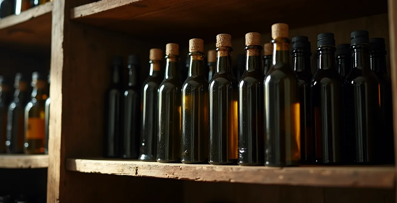 Dispensa italiana con bottiglie di vetro scuro contenenti olio conservate al buio