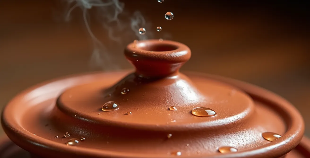 Dettaglio macro del coperchio conico di una tajine con gocce di condensa