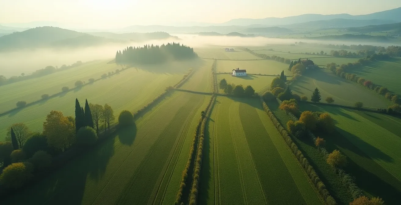 Vista aerea di campi agricoli con corridoi ecologici di siepi e filari che collegano diverse parcelle