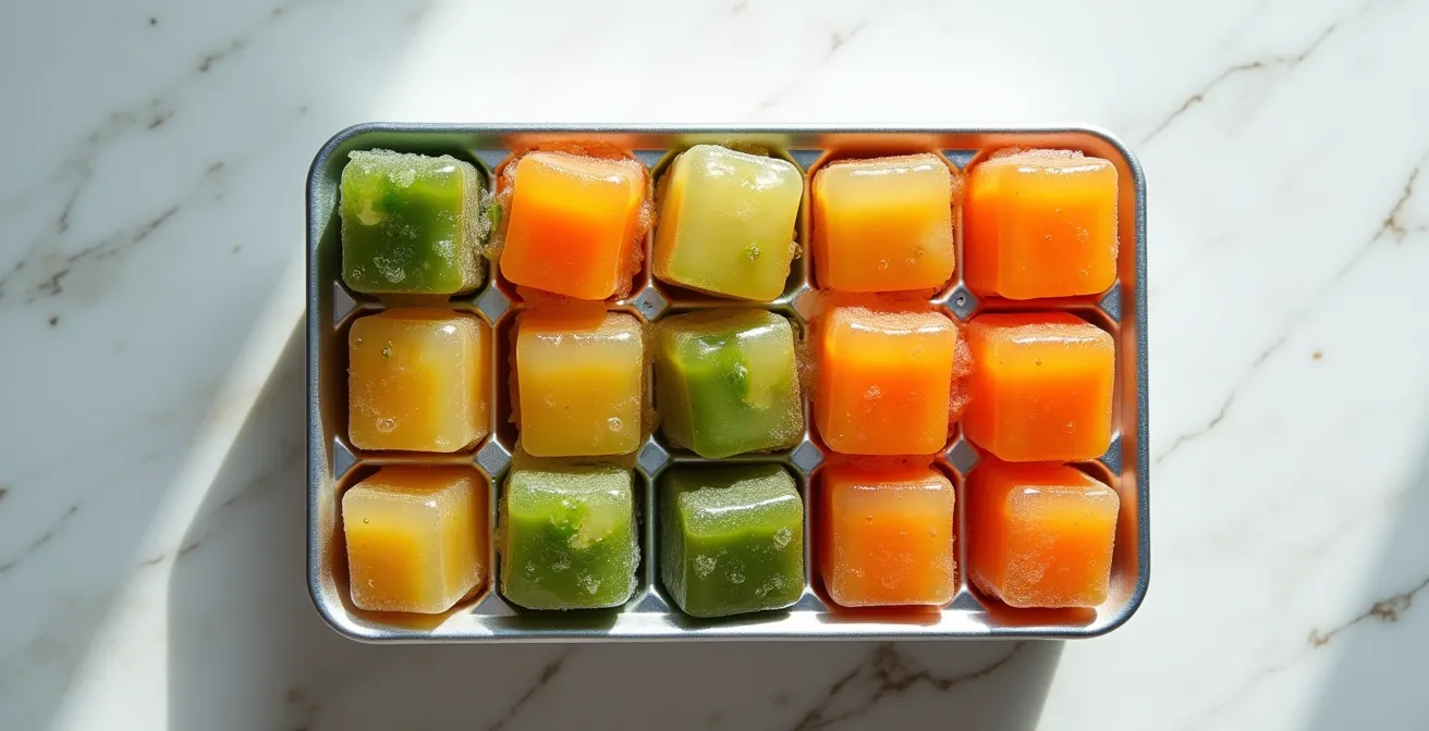 Vaschette per ghiaccio con brodo vegetale colorato congelato