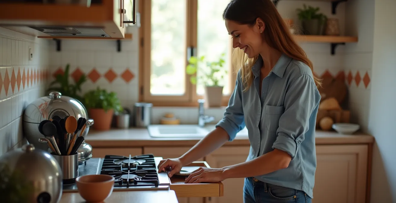 Organizzazione ottimale di una cucina italiana compatta con robot da cucina integrato nel triangolo di lavoro