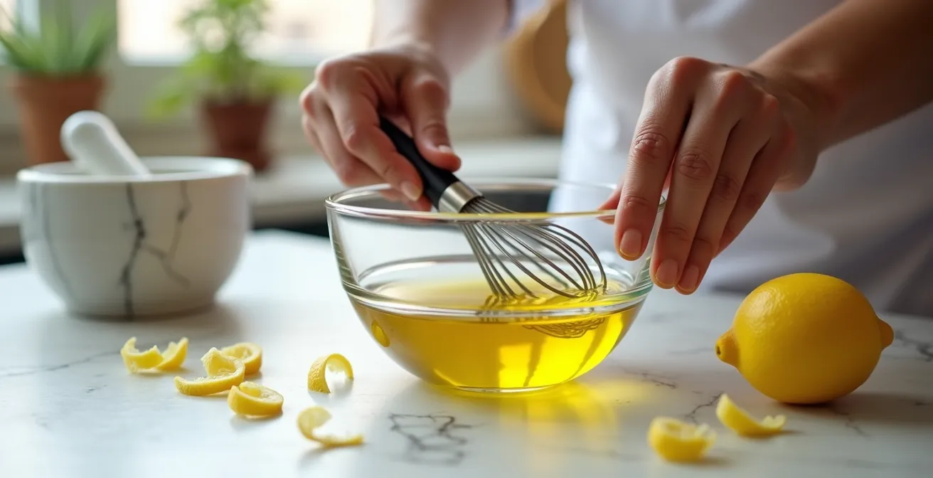 Preparazione di citronette con olio EVO, scorza di limone di Sorrento grattugiata e sale su piano di marmo