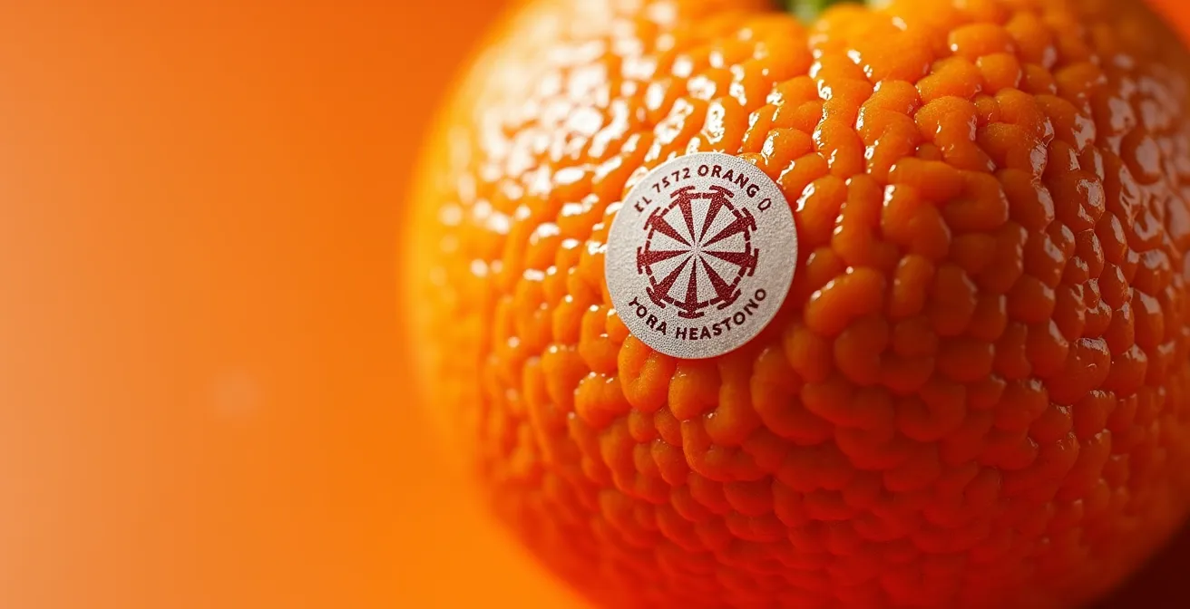 Dettaglio macro di un'etichetta IGP su un'arancia rossa di Sicilia