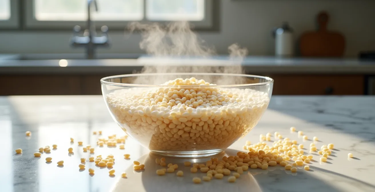 Chicchi di farro perlato perfettamente al dente in acqua con ghiaccio