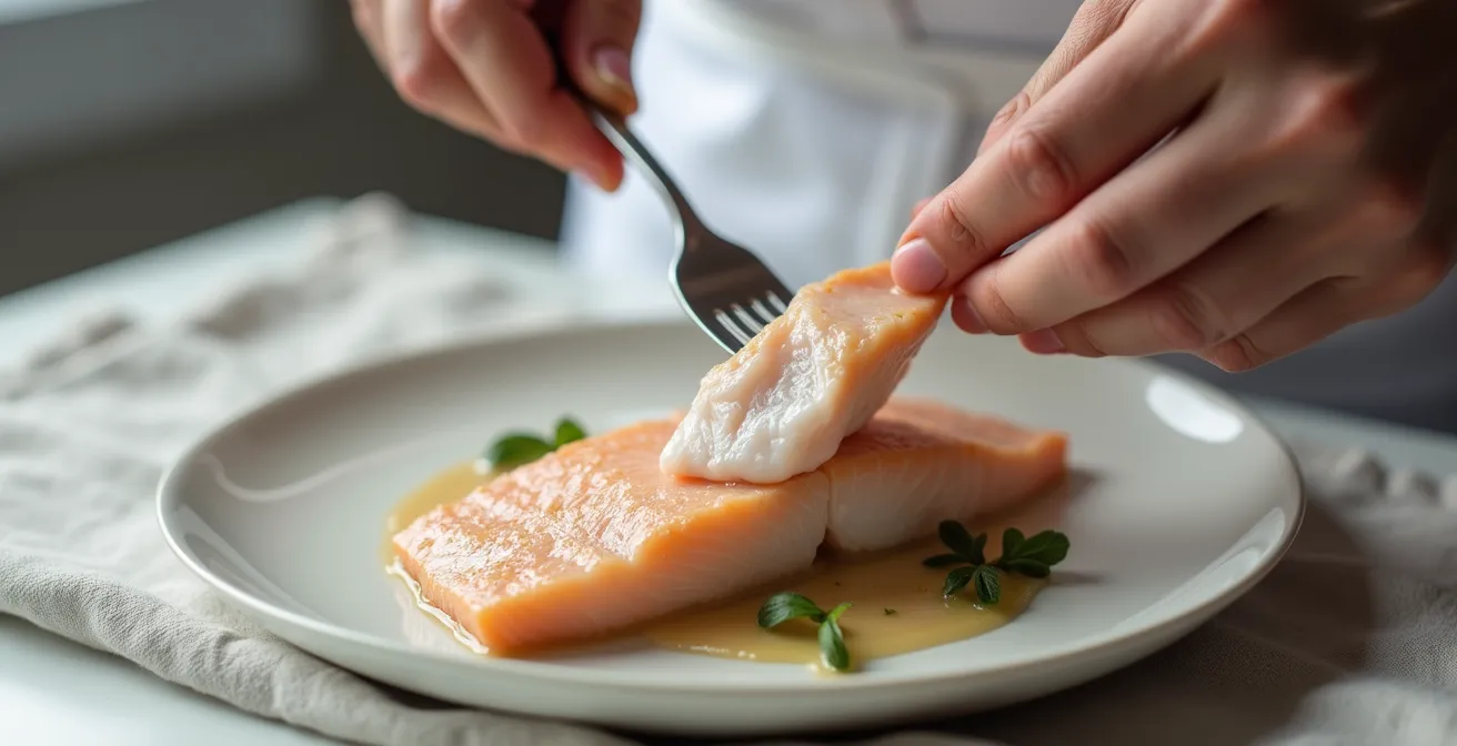Dettaglio macro della texture perfetta di un filetto di pesce cotto sottovuoto