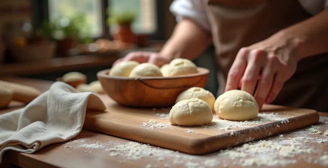 Panetti di pizza su tavolo in legno con condensa visibile e panno di lino per assorbimento umidità