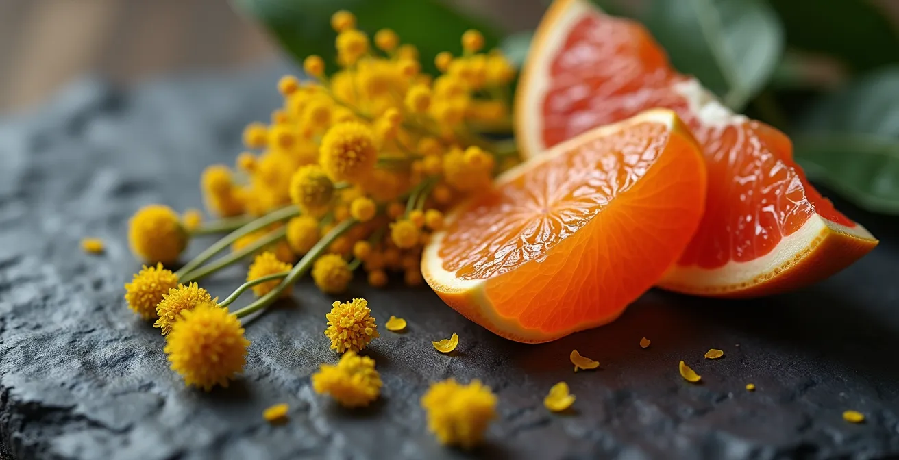 Rappresentazione simbolica dell'interazione tra erbe officinali e farmaci a livello del fegato, con fiori di iperico e scorza di pompelmo.