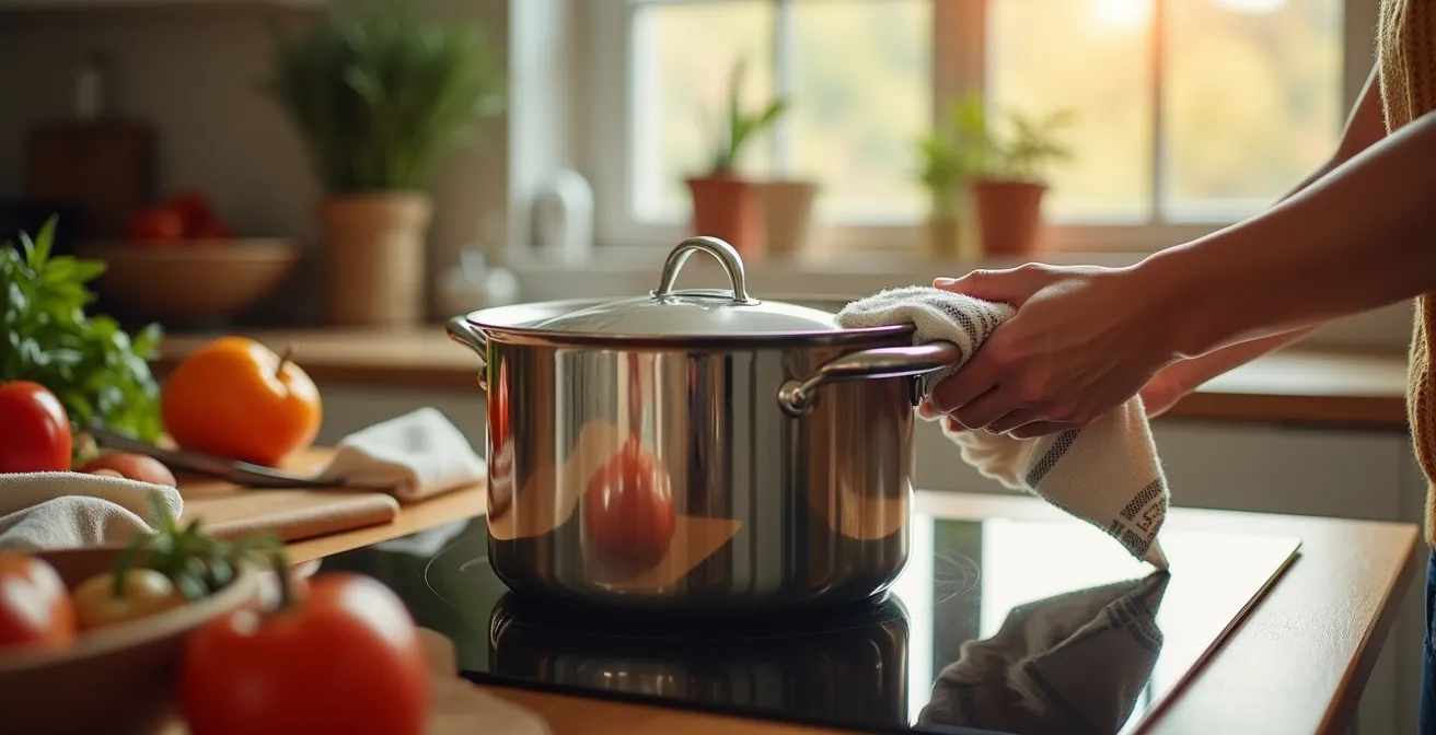 Pentola avvolta in asciugamani per cottura a bassa temperatura su piano induzione