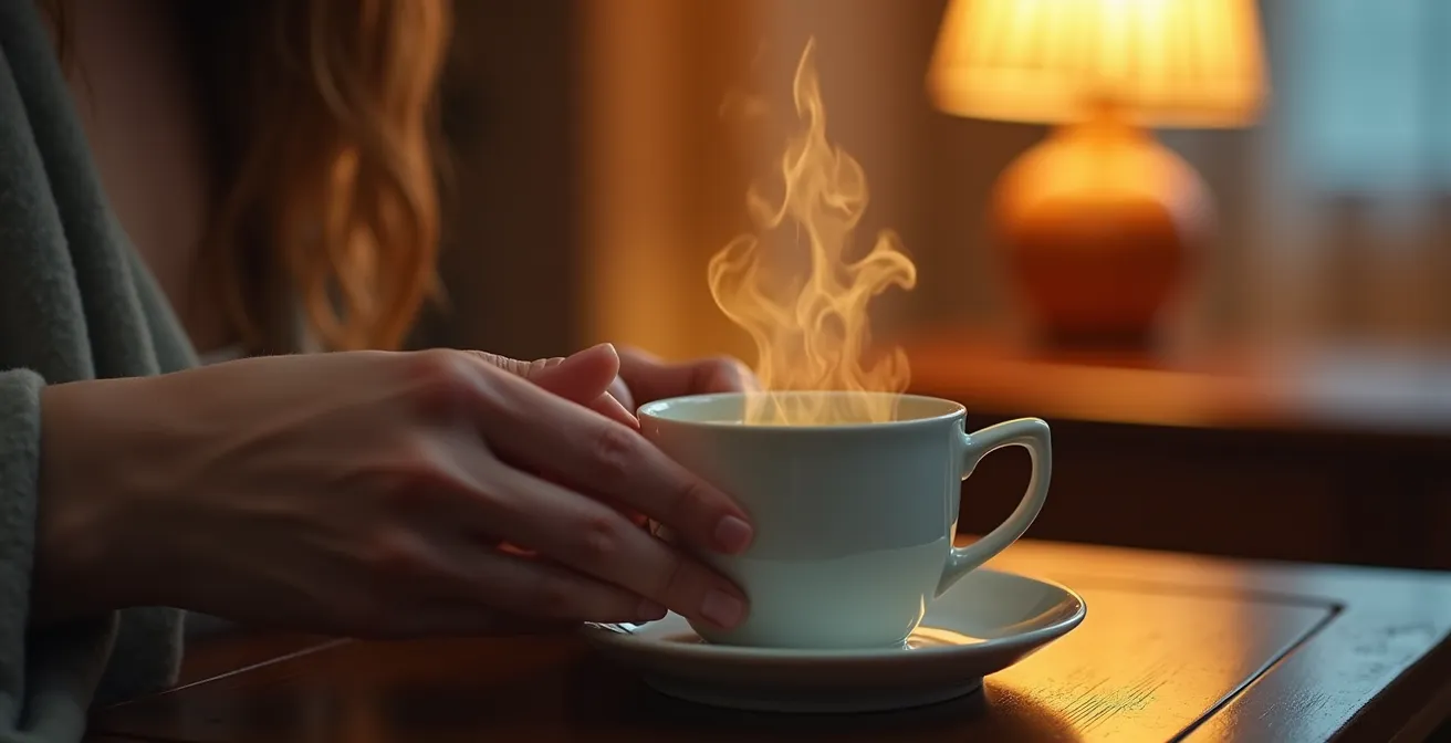 Tazza di latte dorato fumante con ingredienti su comodino in camera da letto italiana