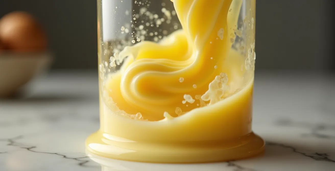 Primo piano macro di maionese cremosa in bicchiere alto con frullatore immerso