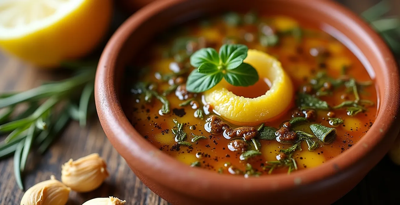 Marinatura tricolore con erbe mediterranee e spezie asiatiche in ciotola di terracotta