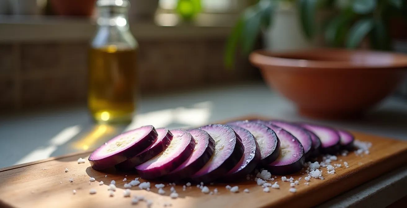 Melanzane tagliate cosparse di sale grosso che rilasciano acqua