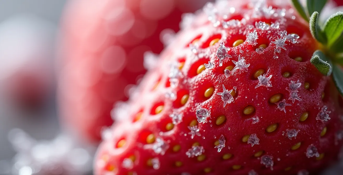 Dettaglio macro di microcristalli di ghiaccio su fragole abbattute
