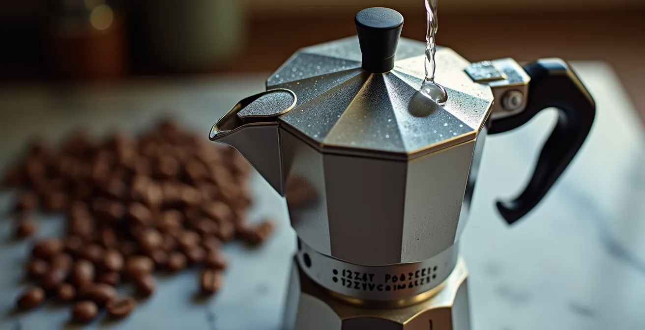 Moka italiana con acqua versata e chicchi di caffè su piano in marmo