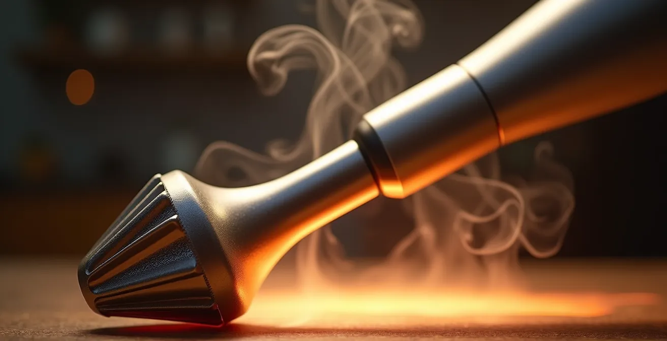 Vista ravvicinata di un motore di frullatore con vapore che suggerisce surriscaldamento