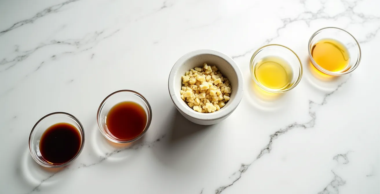 Sequenza professionale di preparazione marinatura con mortaio e ingredienti separati