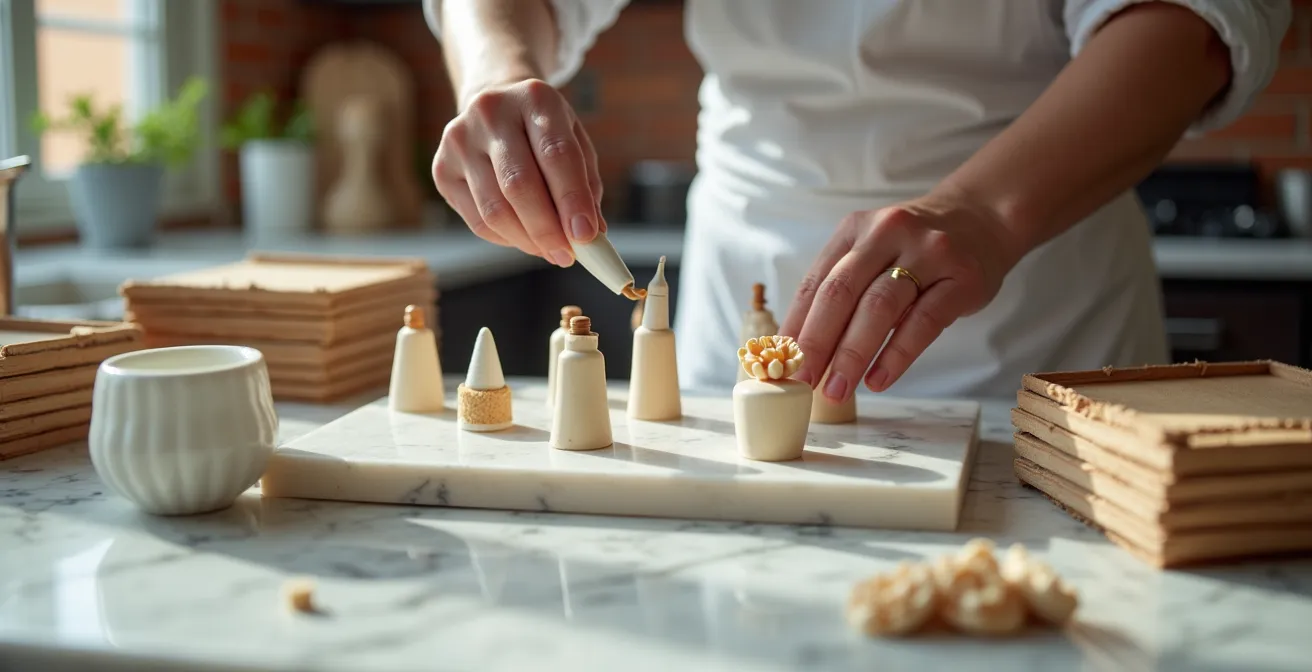 Banco da pasticceria organizzato con attrezzi e decorazioni pronte per assemblaggio torta