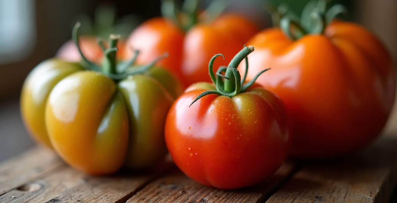 Macro ravvicinata di pomodori antichi irregolari con texture e colori variegati su tavolo di legno rustico