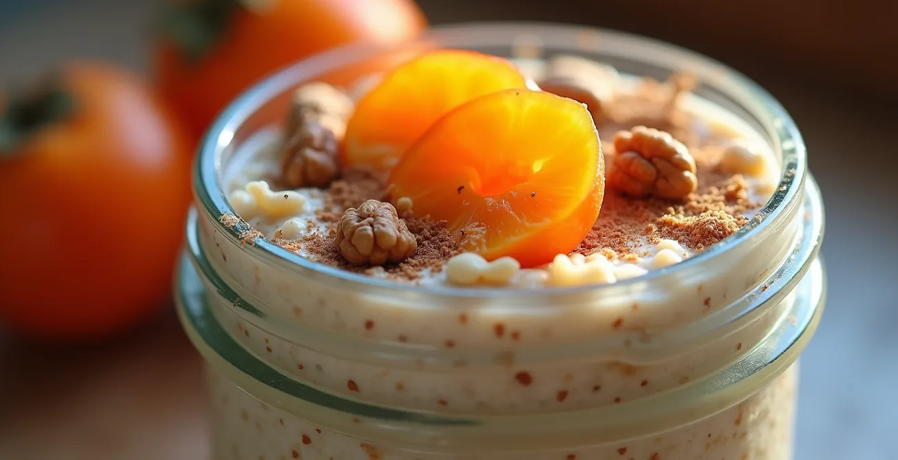 Overnight porridge con cachi, noci di Sorrento e cannella in barattolo di vetro