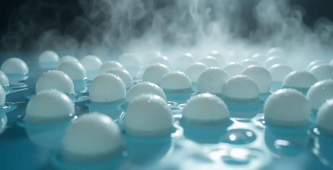 Dettaglio macro di palline isolanti galleggianti su acqua calda in vasca per cottura sottovuoto