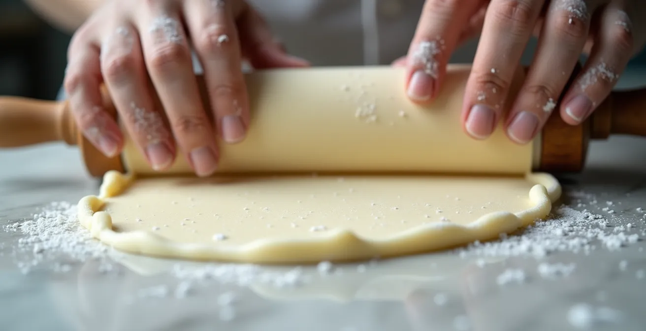 Mani di pasticcere che stendono pasta di zucchero sottilissima su piano di marmo