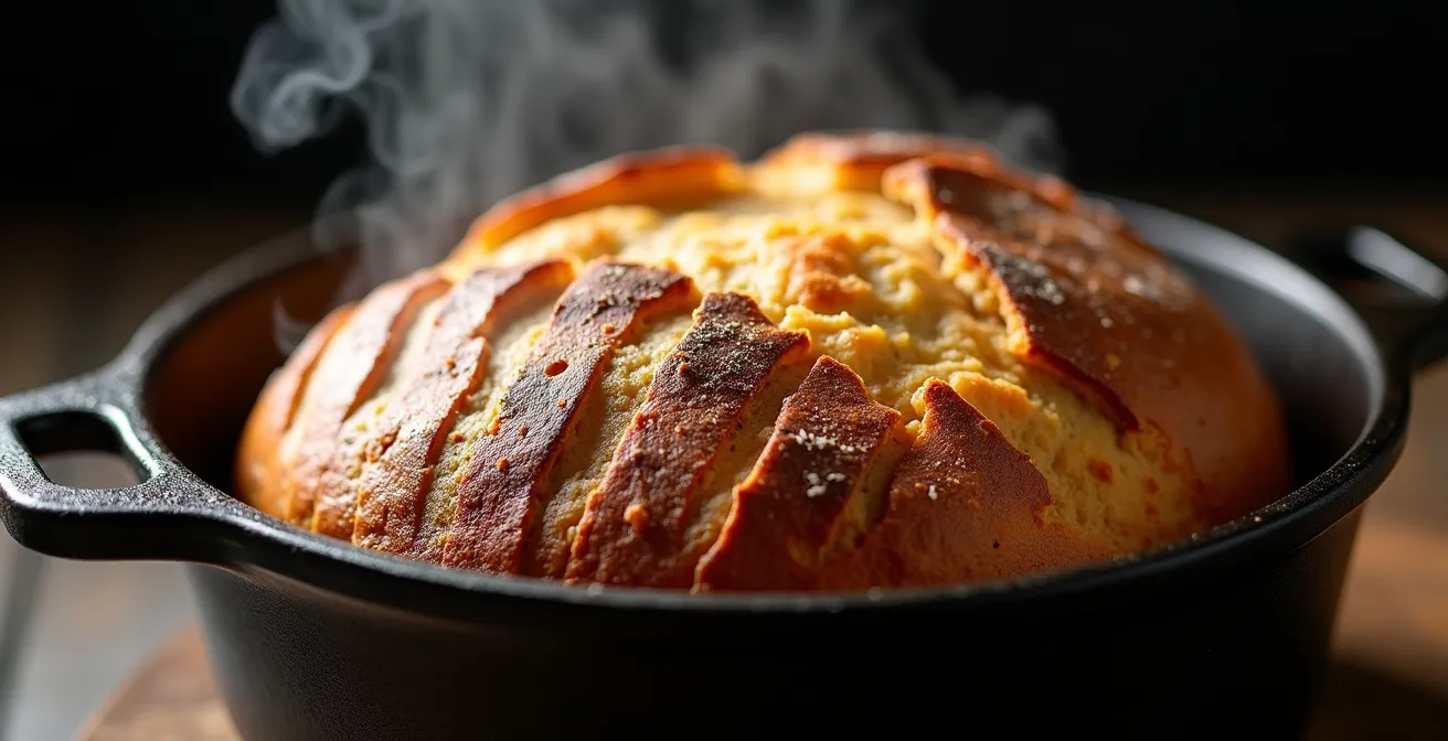 Pane artigianale dorato in pentola di ghisa nel forno