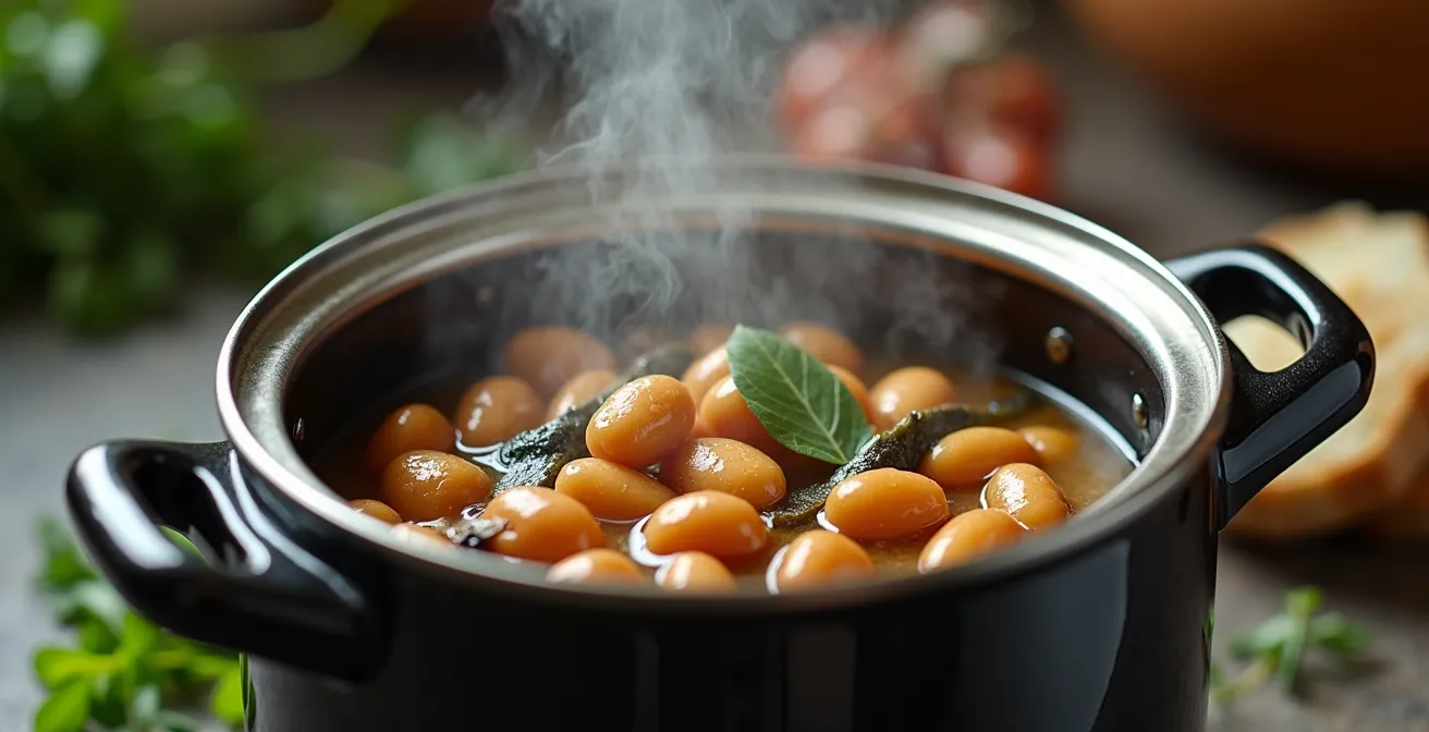Pentola a pressione aperta con fagioli borlotti e alga kombu, vapore che sale