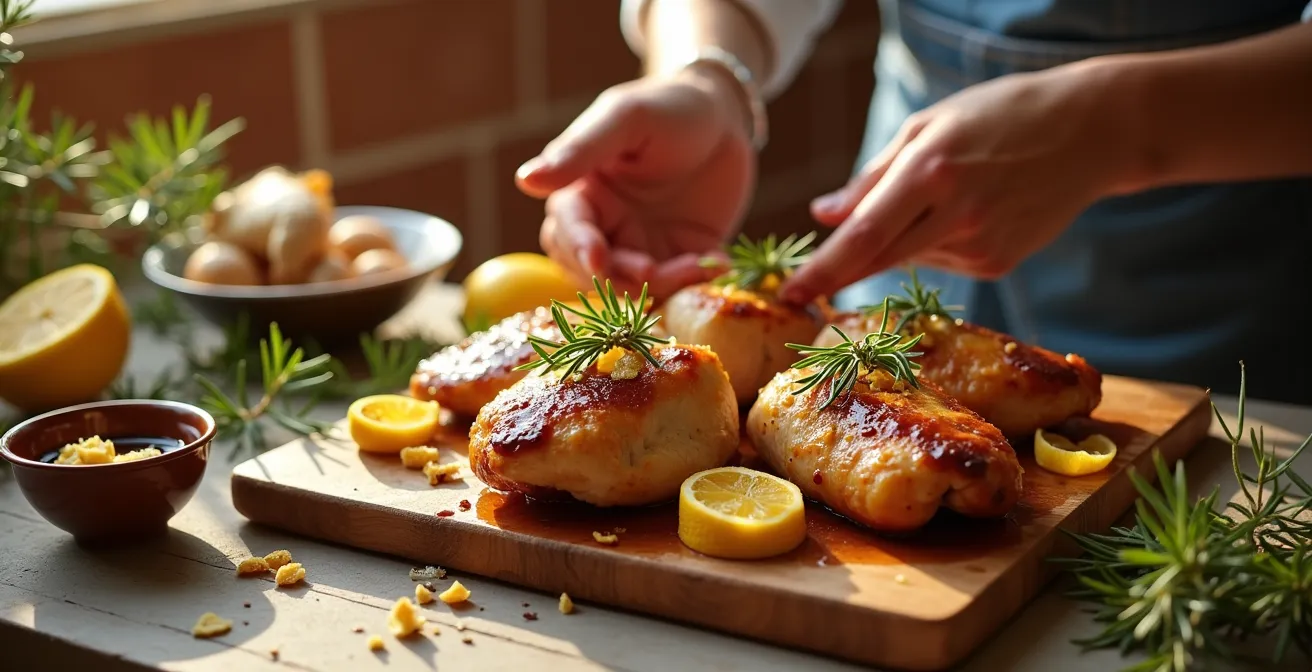 Pollo marinato con zenzero e rosmarino su tagliere di legno d'ulivo