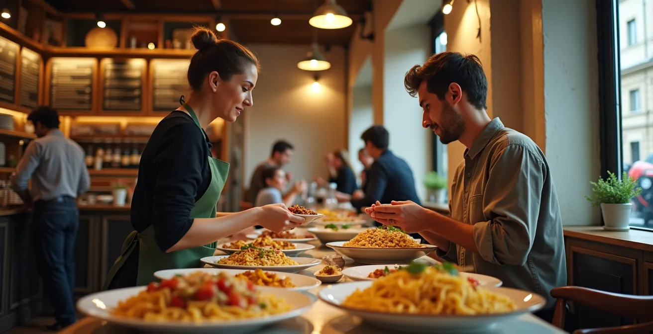 Interno di una tavola calda italiana con piatti del giorno esposti e avventori in pausa pranzo