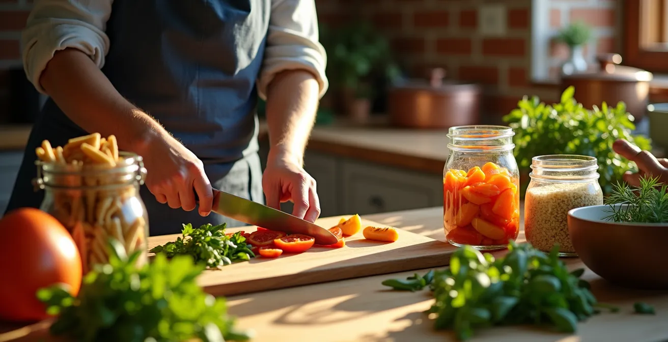Cucina italiana organizzata con contenitori per meal prep domenicale